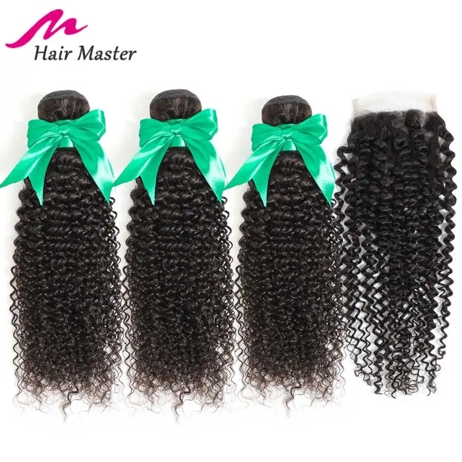 Волосы Master Curly пряди, с закрытием, перуанские волосы Remy, кружевная застежка с пряди для наращивания, человеческие волосы, 3 пряди с закрытием