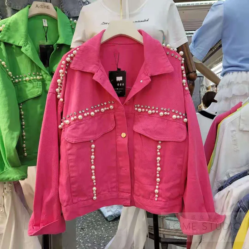 

Fashion Beading Denim Jacket Women Streetwear Autumn Korean Outerwear Loose 4 Color Long Sleeve Short Jeans Jacket Coat Female