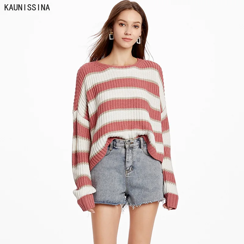 

Autumn Winter Harajuku Knitting Batwing Sleeve Sweater Casual Long Sleeve Women Striped Sweater Loose Boyfriend Pullovers S-XL