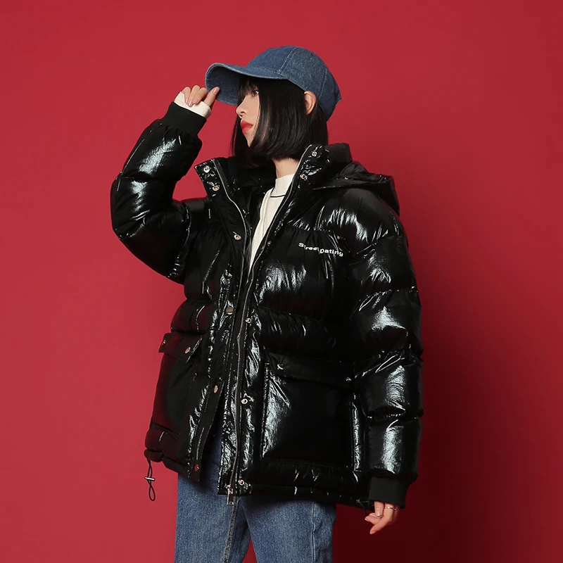 Зимняя длинная Яркая блестящая Хлопковая женская Свободная куртка негабаритная