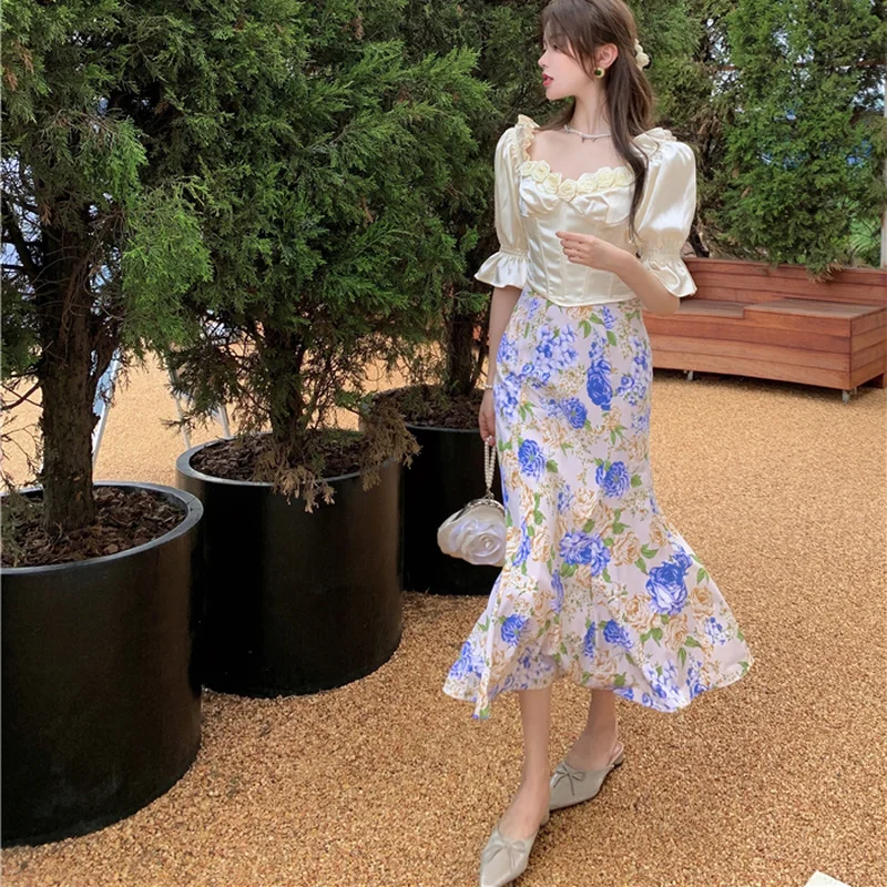 

Long Skirt Floral Skirt Female High Waist Fishtail Mid-length Skirt Summer New French Style Small Temperament A-line Skirt