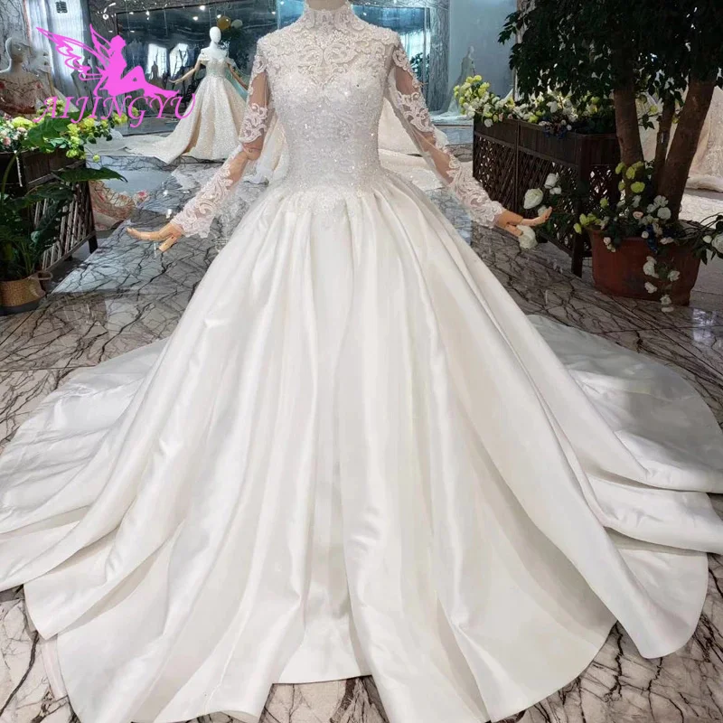 

AIJINGYU Satin Dresses For Gowns 2021 Portuguese Xxxl Size Frocks Lace Long Sleeve Grown Wedding Train