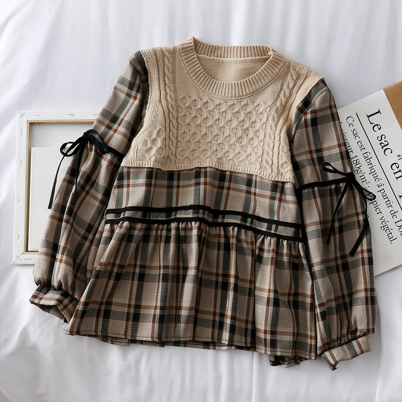 Женская хлопковая клетчатая блузка популярного цвета вязанная Лоскутная