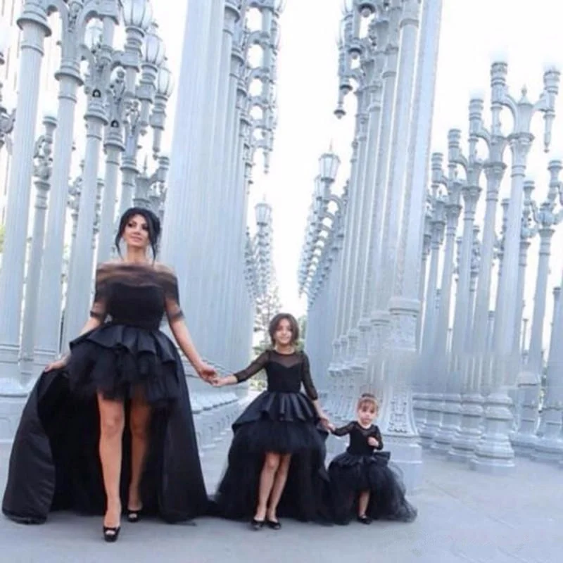Kids Black Hi-Lo Long Sleeve Girl's Pageant Dresses Flower Girl Dresses with Bow for Wedding Party Birthday Princess Gown