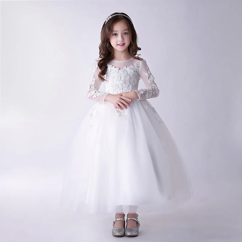 Белое длинное свадебное платье с цветочным узором для девочек элегантное