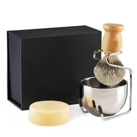 shaving brush set 4pcs pure badger hair brush wood handle goat milk soap stainless steel shaving stand bowl kit men gift