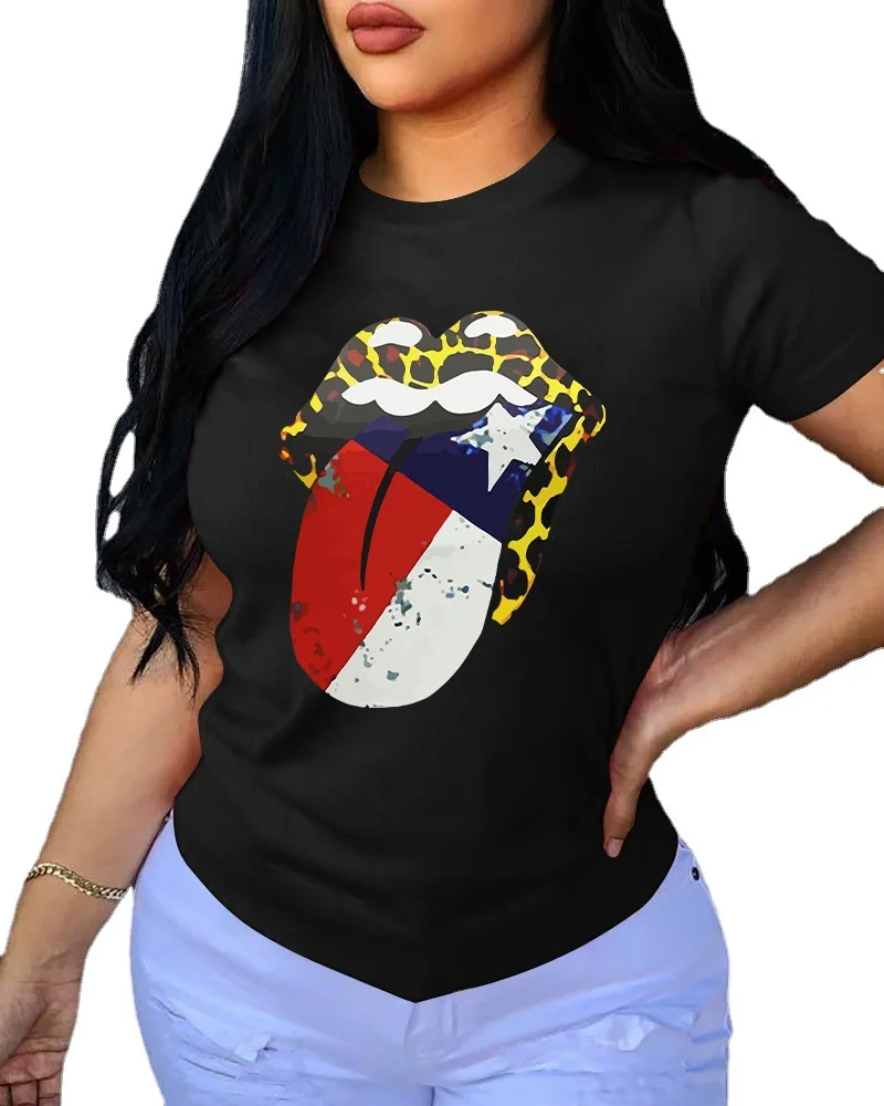 

2021 Summer New Women's Printed Lips round Neck Short Sleeve T-shirt