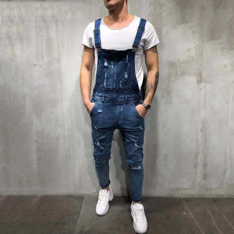 

Men Fashion Ripped Jeans Jumpsuit Casual Skinny Sleeveless Distressed Denim Overalls Man Slim Suspender Cowboy Black Pants