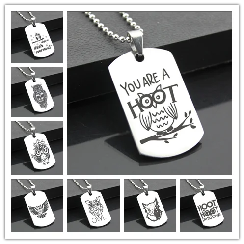 

Owl Tags Cards Pendant Man Necklace Pendants Stainless Steel Fashion Keychain Men Jewelry