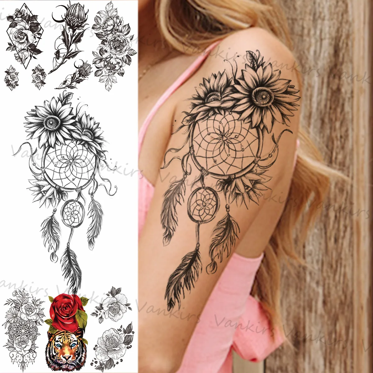 

DreamCatcher Sunflower Feather Temporary Tattoos For Women Girls Flora Tiger Mandala Fake Tattoo Sticker Arm Back Tatoos Charm