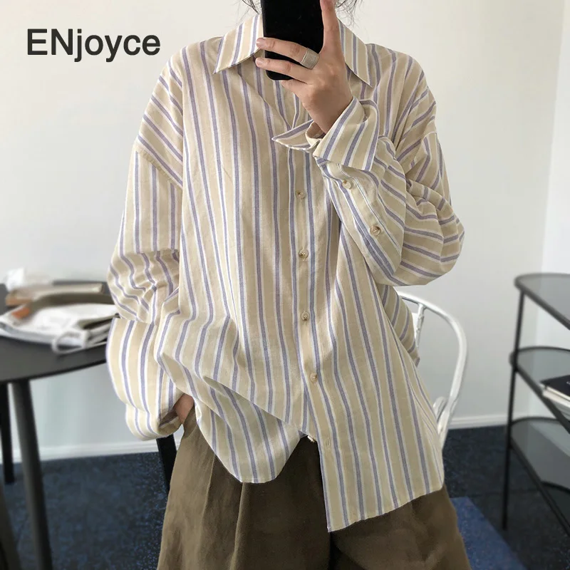 Винтажные полосатые рубашки женские повседневные блузки в Корейском стиле