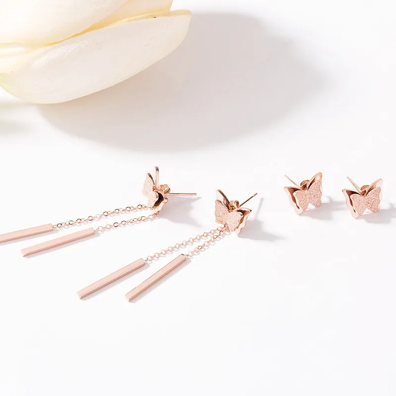 YUN RUO розовое золото цвет мода бабочка серьги гвоздики с кисточкой титановая