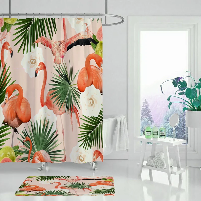 

Flamingo plant shower curtain bamboo waterproof green shower , landscape bathroom decoration gift 200x180cm