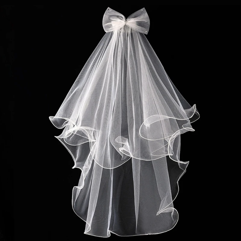 Фото Свадебная фата для девочек 2 уровня с гребнем причастия украшенная бантом стразы
