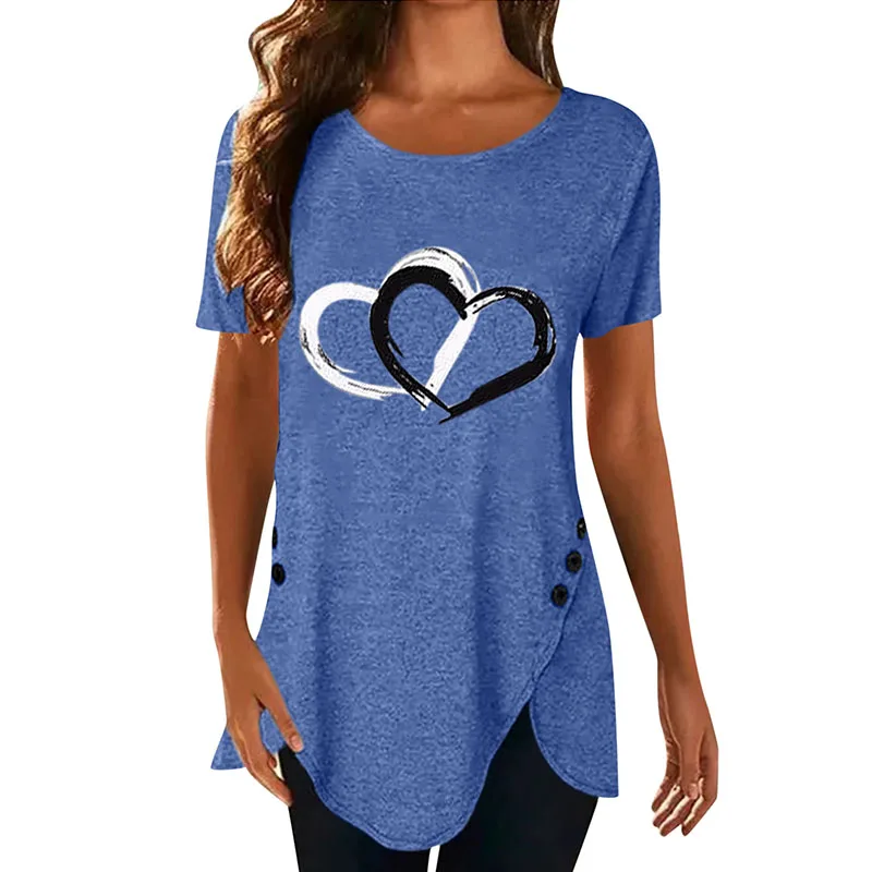 

Spring and Summer New Love Print Irregular Button Short-sleeved T-shirt