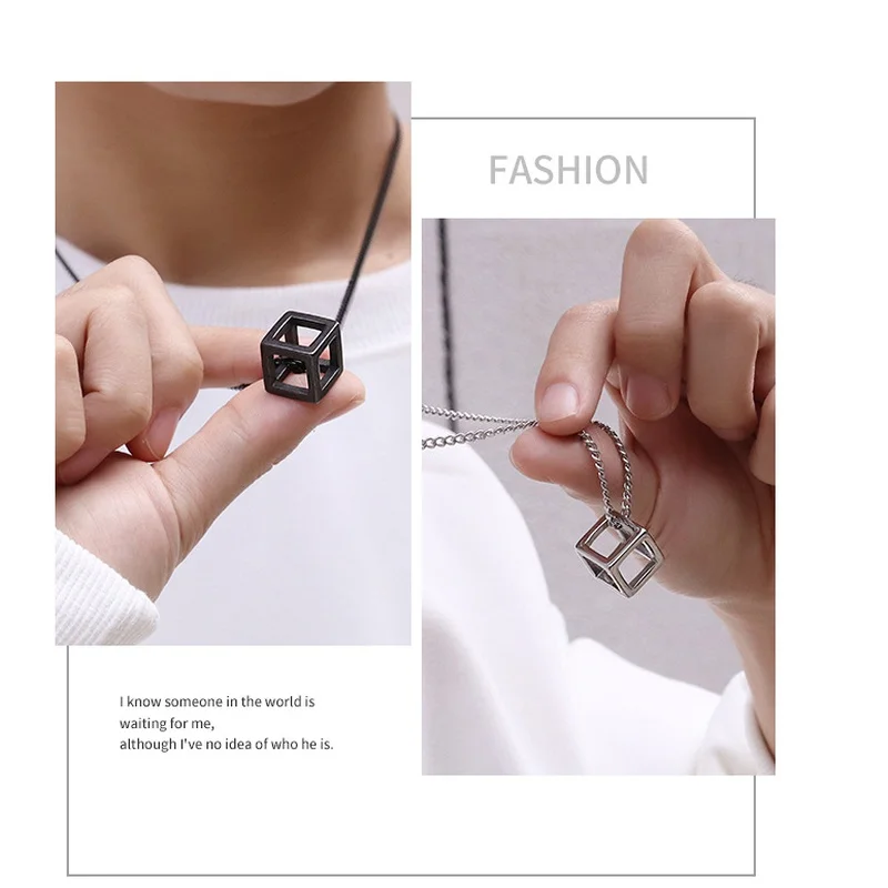 

Men and Women Retro Fashion Hollow Pendant Necklace Square Three-Dimensional Geometric Popular Simple All-Match Jewelry