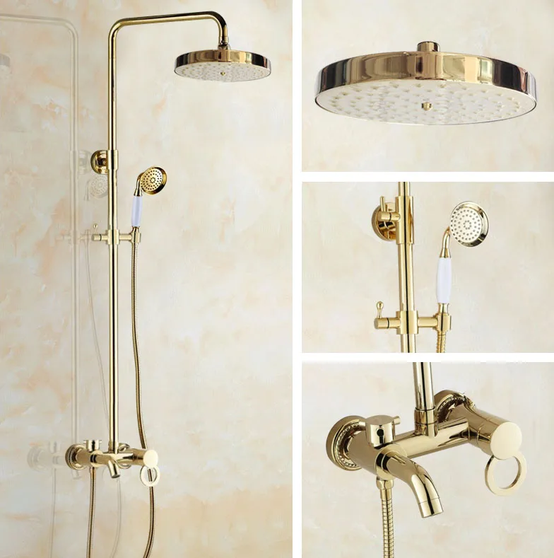 

Luxury Golden Brass Wall Mounted Bathroom Rainfall Handheld Shower Faucet Set Single Handle Bath Tub Mixer Tap Dgf415