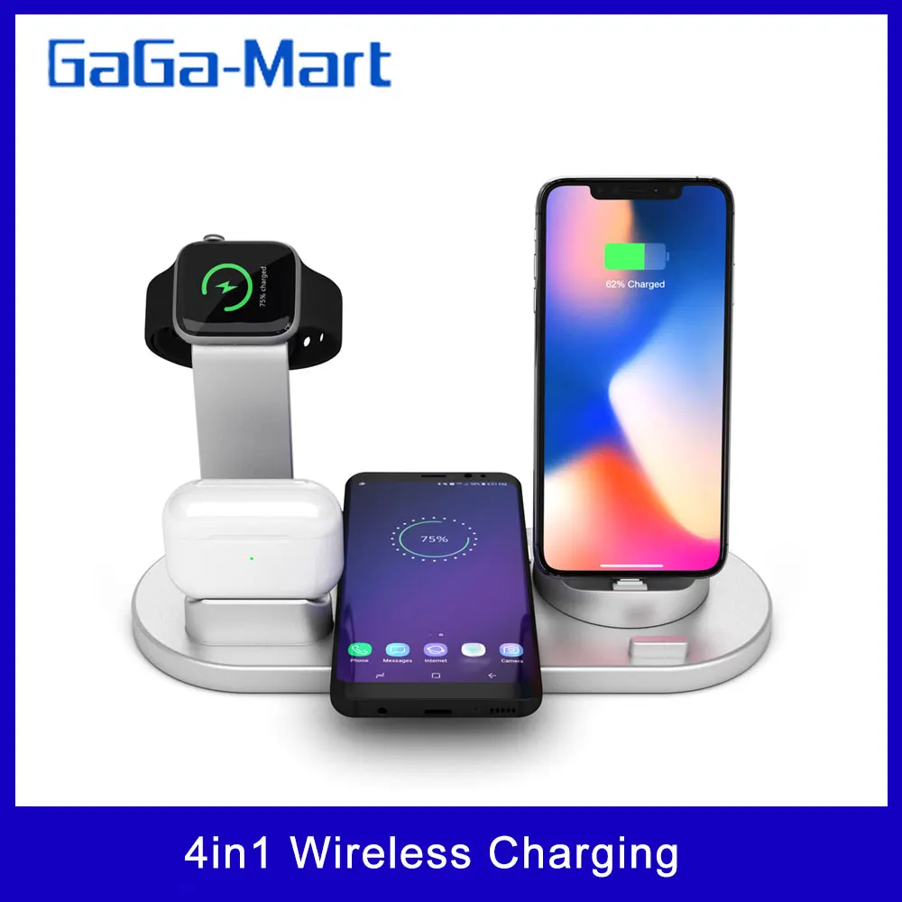 4в1 Беспроводная Зарядная база Qi сертифицирована для iPhone12 11 X XR XS Samsung Galaxy S9 S8 iWatch 5 4