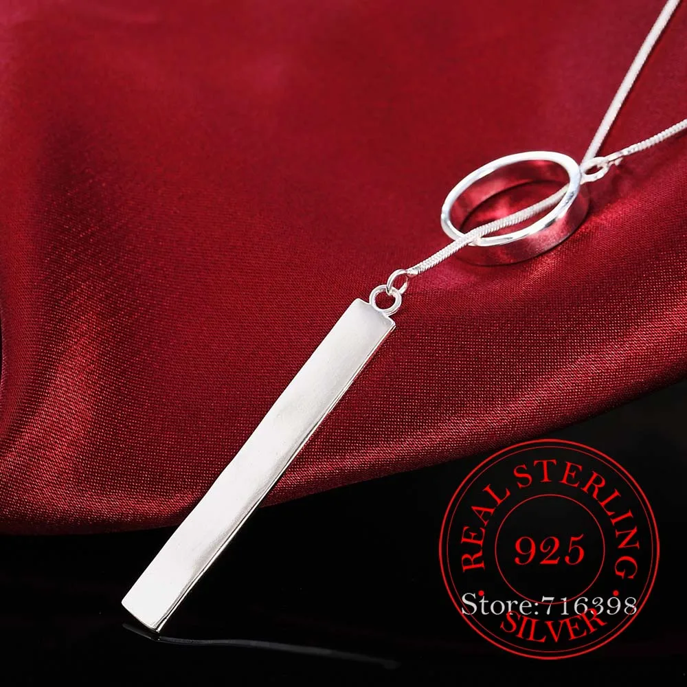 

925 Sterling Silver Fine Jewelry Vintage Circle Strip Long Chain Pendant&Necklace Sterling-silver Bar Choker Necklace For Women