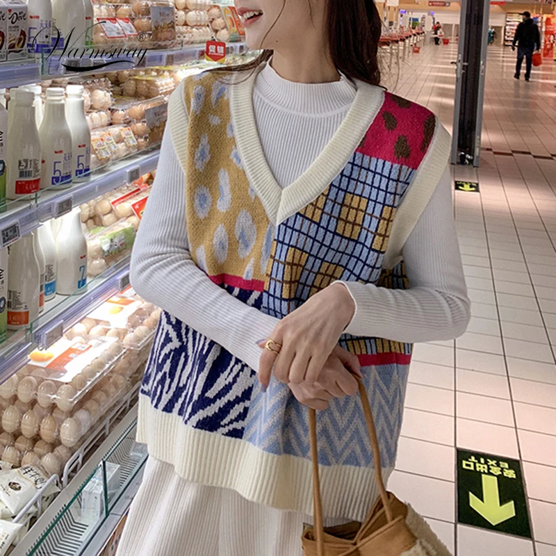 

Women Irregular Contrast Color Leopard Loose Knitting Vest New V Collar Sleeveless Fashion Spring Autumn 2021 Clothing C-151