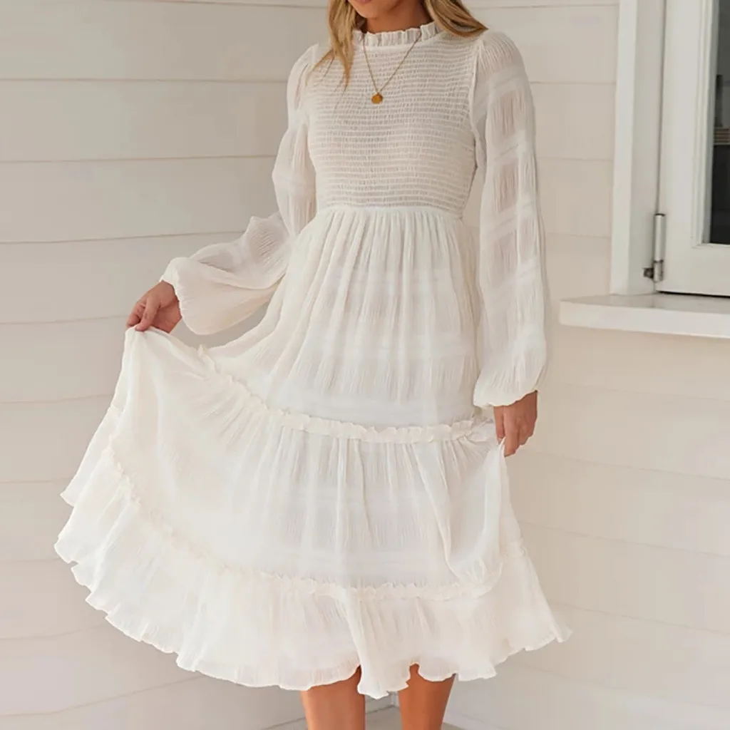 Красивое осенне зимнее платье женское шифоновое повседневное белое однотонное