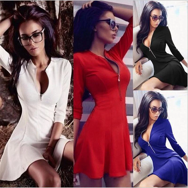 

2020 Spring Autumn Fashion Women Bust Zippers Dress Solid Pleated V-neck Sexy Ladies Dresses Evening Party Bodycon Mini Vestidos