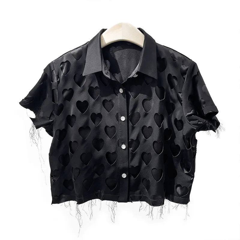 

SuperAen 2021 New Double-layered Love Hollow Out Satin Short-sleeved Solid Black Top Women Shirts