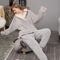 flannel winter pajamas set thickening 2 pieces women sleepwear casual loose warm homewear coral fleece nightwear