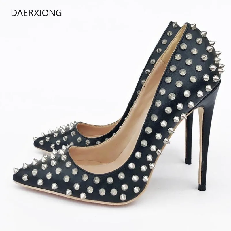 

2021 Studded High Heels 12cm Red Bottom Stilettos Women Pointed Toe Rivet Ladies Party Pumps Shallow Colorful Shoes Woman 34-45