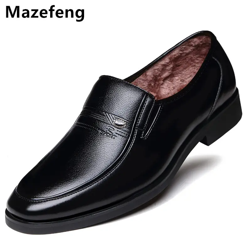 Mazefeng/ г. Зимняя Теплая мужская кожаная обувь с бархатом, Мужские модельные туфли в деловом стиле, Классические строгие кожаные туфли с квадратным носком для мужчин