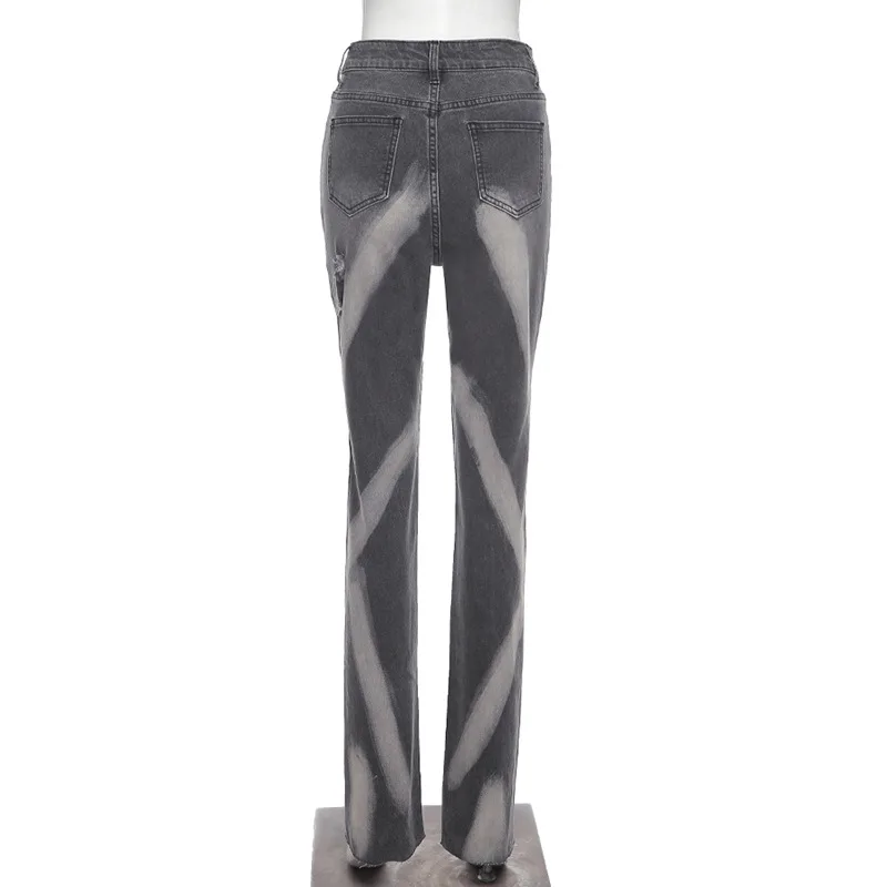 

ArtSu Woman Grey Printing Distressed Casual Denim Pants For Ladies Tight High-Waist Ripped Straight Bottoming Jean PA52557