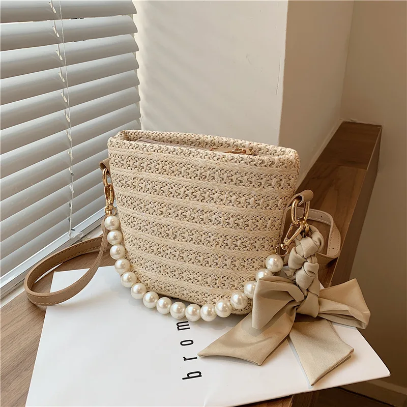 Соломенная Сумка-мешок с жемчугом Плетеный шелковый шарф сумка-мессенджер на