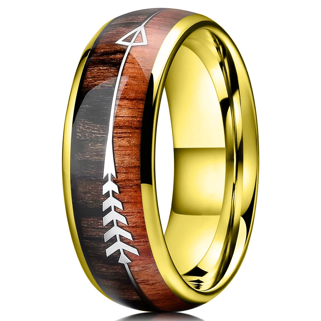 

Fashion 8mm Punk Stainless Steel Ring for Men Women Hawaiian Koa Wood Arrow Inlay Hunting Ring High Polished Men Wedding Band