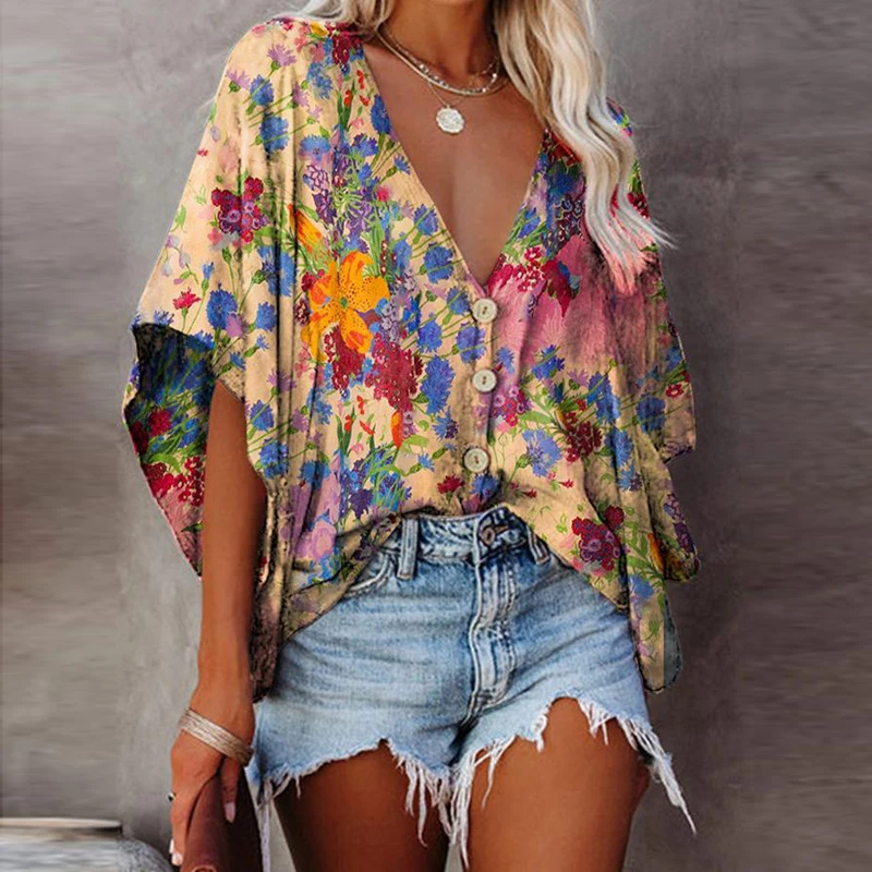 

2021 Summer Women Blouses Fashion Sexy V Neck Printed Button Cardigan Loose Ladies Shirt Vintage Casual Short Sleeve Female Tops