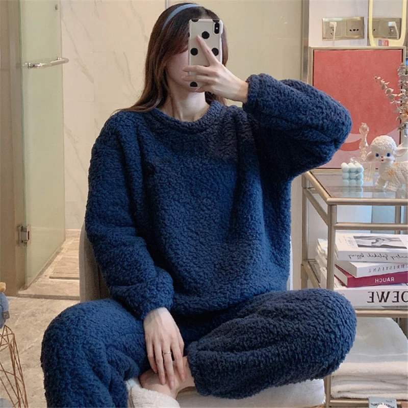 

Women's autumn winter warm fat and fat suit pure color sweet pajamas women's thickening can be worn outside home clothes JJF0098