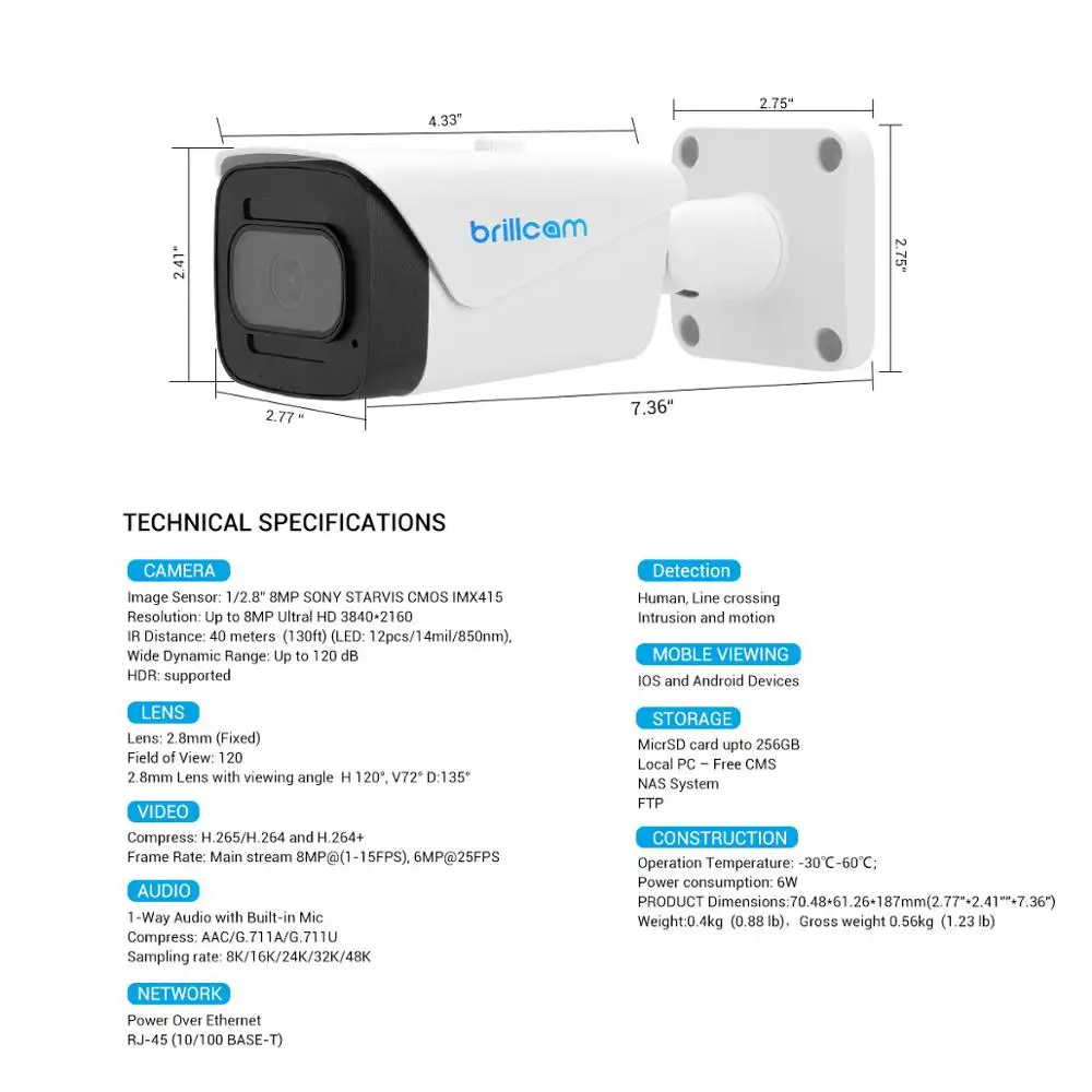 IP-камера Brillcam 4K POE IP67 слот для SD-карты встроенный микрофон ИК цилиндрическая