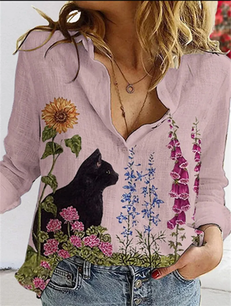 

Women Long Sleeved Fashion Shirt Casual Loose Comfort Ladies Shirt Lovely Cartoon Cat Printed Lapel Pullover Office Lady T-Shirt