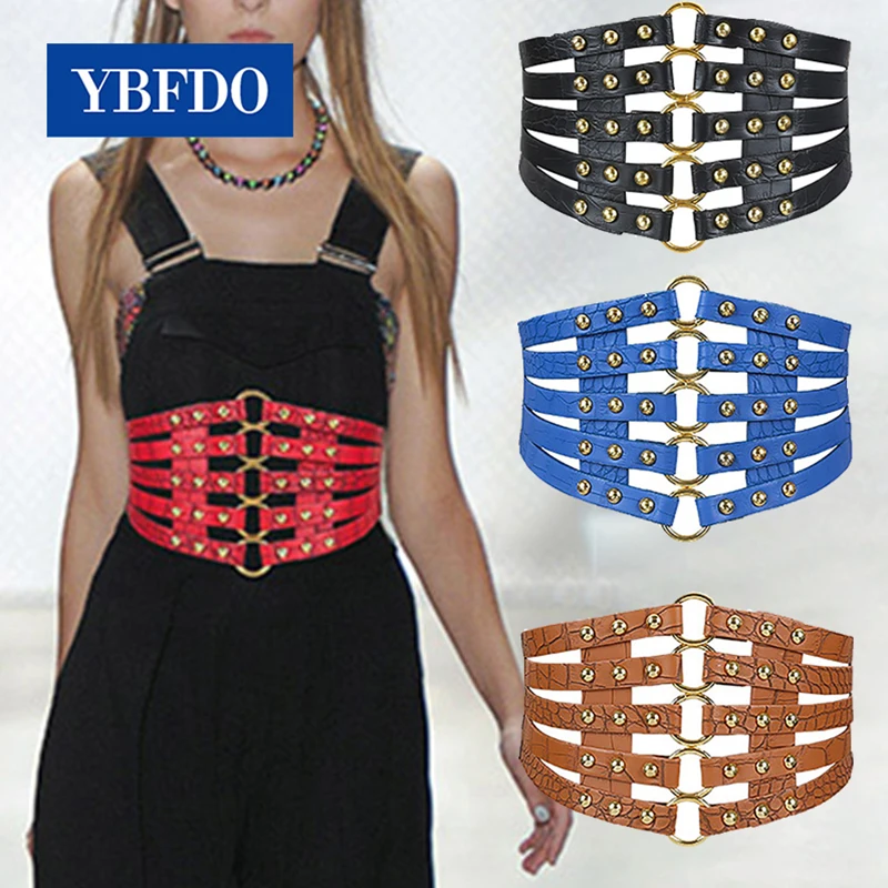 

YBFDO 2021 Новый Винтажный металлический широкий ремень из искусственной кожи золотого цвета женский модный пояс с заклепками широкий пояс эла...