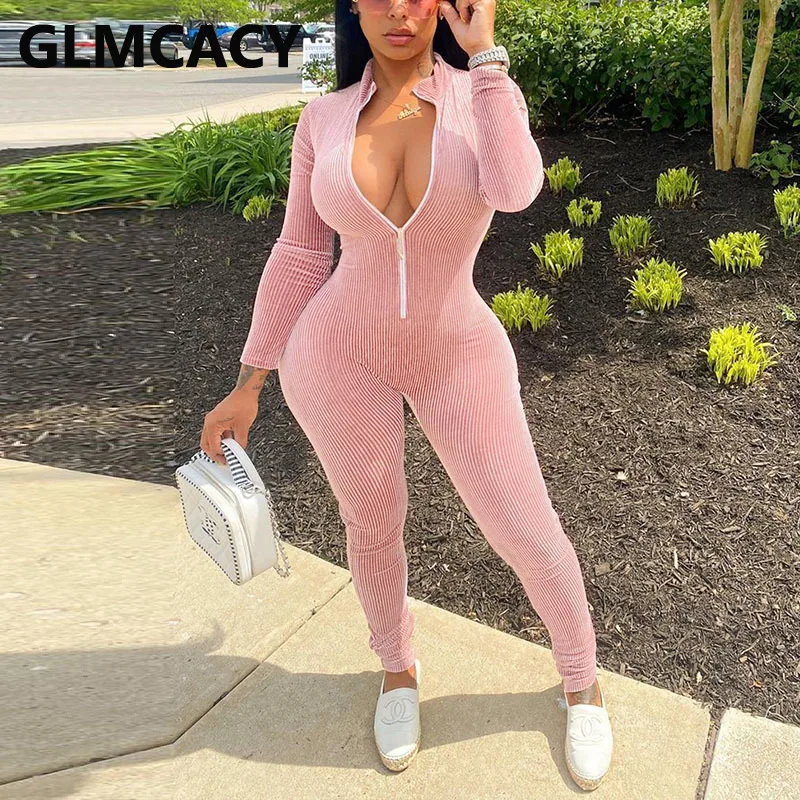 

Women Zip Up Corduroy Ribbed Solid Jumpsuit Slim Chic Streetwear Overalls