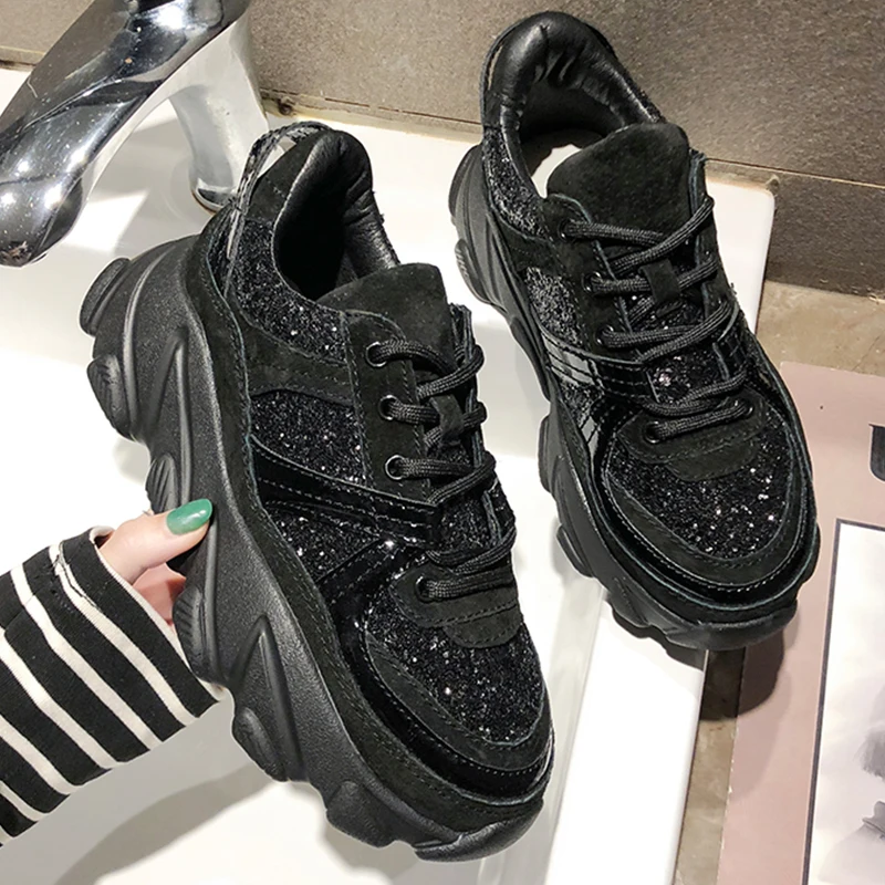 Womens Sneakers Black Glitter Trainers Platform Baskets Wedges Chunky Dad Bling Vulcanize Shoes Woman chaussures femme | Обувь