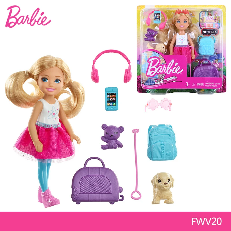 

Barbie Doll Travel Chelsea Blonde Hair with Puppy Purple Suitcase Toys for Kids Girls Children Birthday Christmas Gift FWV20