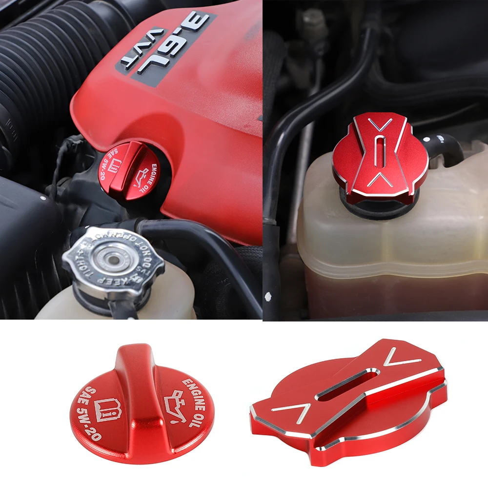 

2PCS Red Engine Oil Cover & Radiator Cap Trim Fit for Dodge Challenger Charger 2009+ Chrysler 300C 2012+ Car Accessories