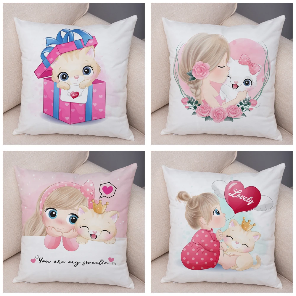 Милый декоративный чехол для подушки девочки и кошки милый мультяшный детский