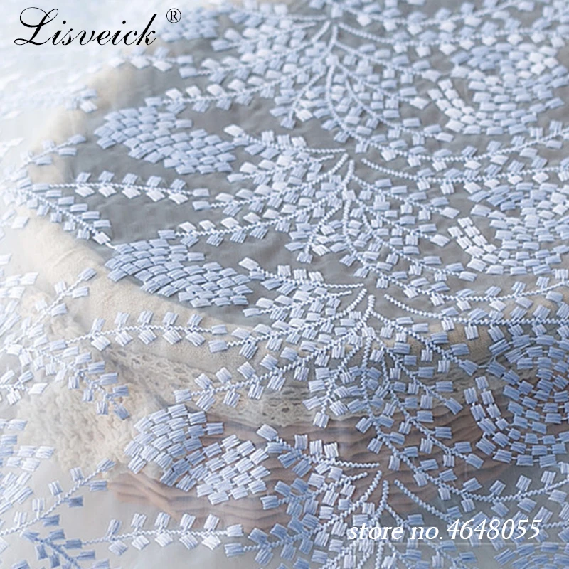 High-grade blue organza embroidery wheat net tulle lace fabric diy wedding dress skirt costume material home decoration 50x145cm | Дом и сад