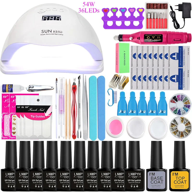80W choose 10 color 80 Вт УФ лампа для ногтей, набор для маникюра Комплект 10/16/24 Цвет гель Лаки комплект Фрезер для ногтей, сверлильный станок комплект пилочка для ногтей инструмент набор для наращивания ногтей - Color: 80W choose 10 color