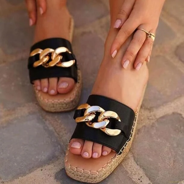 Женские шлепанцы с золотистой пряжкой, на подошве из пеньковой веревки, пляжные универсальные модные домашние Тапочки большого размера с ц...