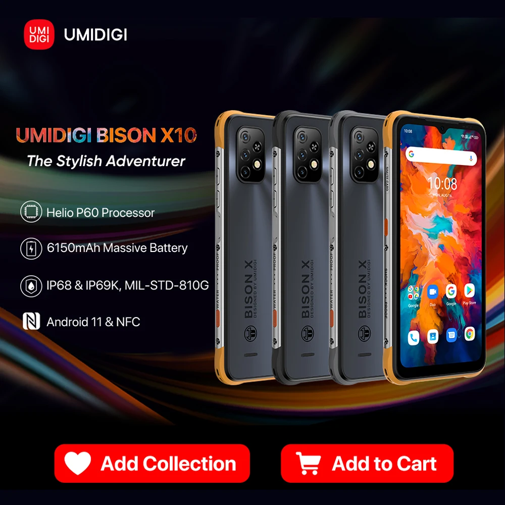 UMIDIGI BISON X10 IP68 & IP69K Global Version Smartphone NFC 4GB 64GB Helio P60 Octa Core 6.53" HD+ 20MP Triple Camera 6150mAh