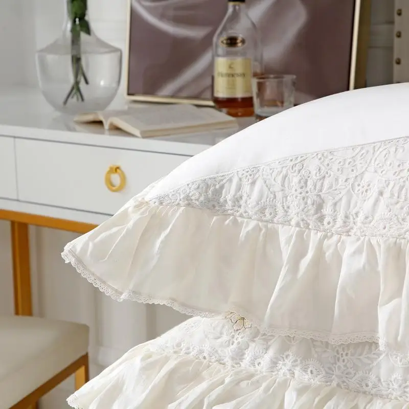 

White lace luxury wedding Bedding Set king queen size bed set embroidery Egyptian Cotton Bedsheets linen set Duvet Cover pillows