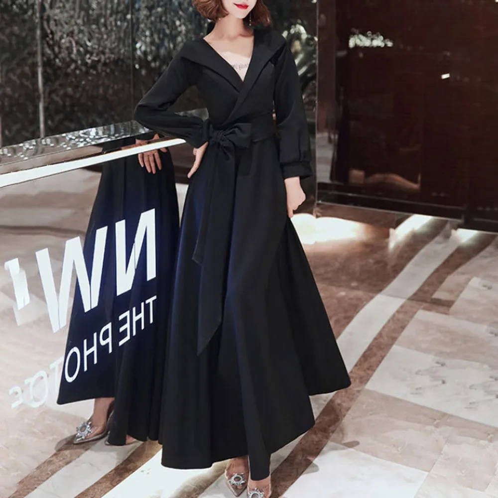 

Черные синие вечерние платья для женщин 2020 с длинными рукавами на осень и зиму, элегантные вечерние платья с поясом и бантом