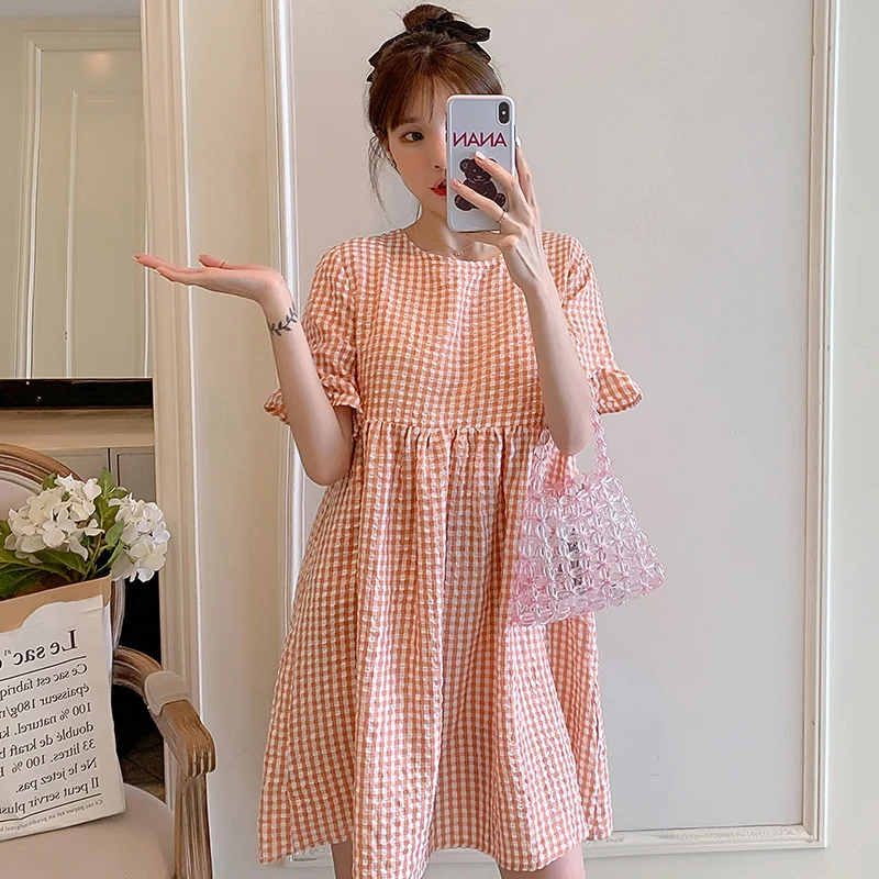 

2021 New Brand Summer Maternity Dress Woman Casual Plaid Large Size Dresses Pregnant Woman Clothing MD-02780